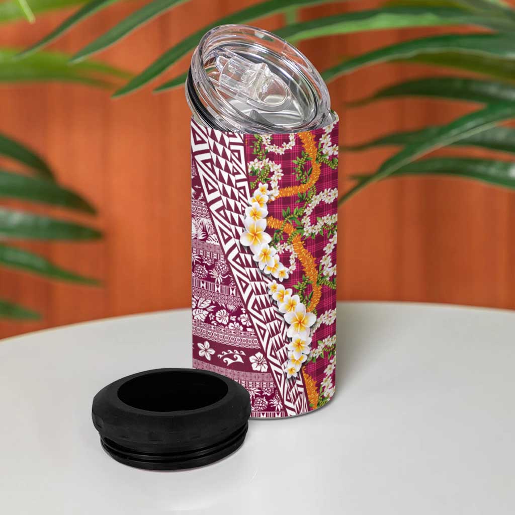 Hawaiian Plumeria Lei 4 in 1 Can Cooler Tumbler Kakau Motifs and Palaka Half Style Pink Color LT03 - Polynesian Pride