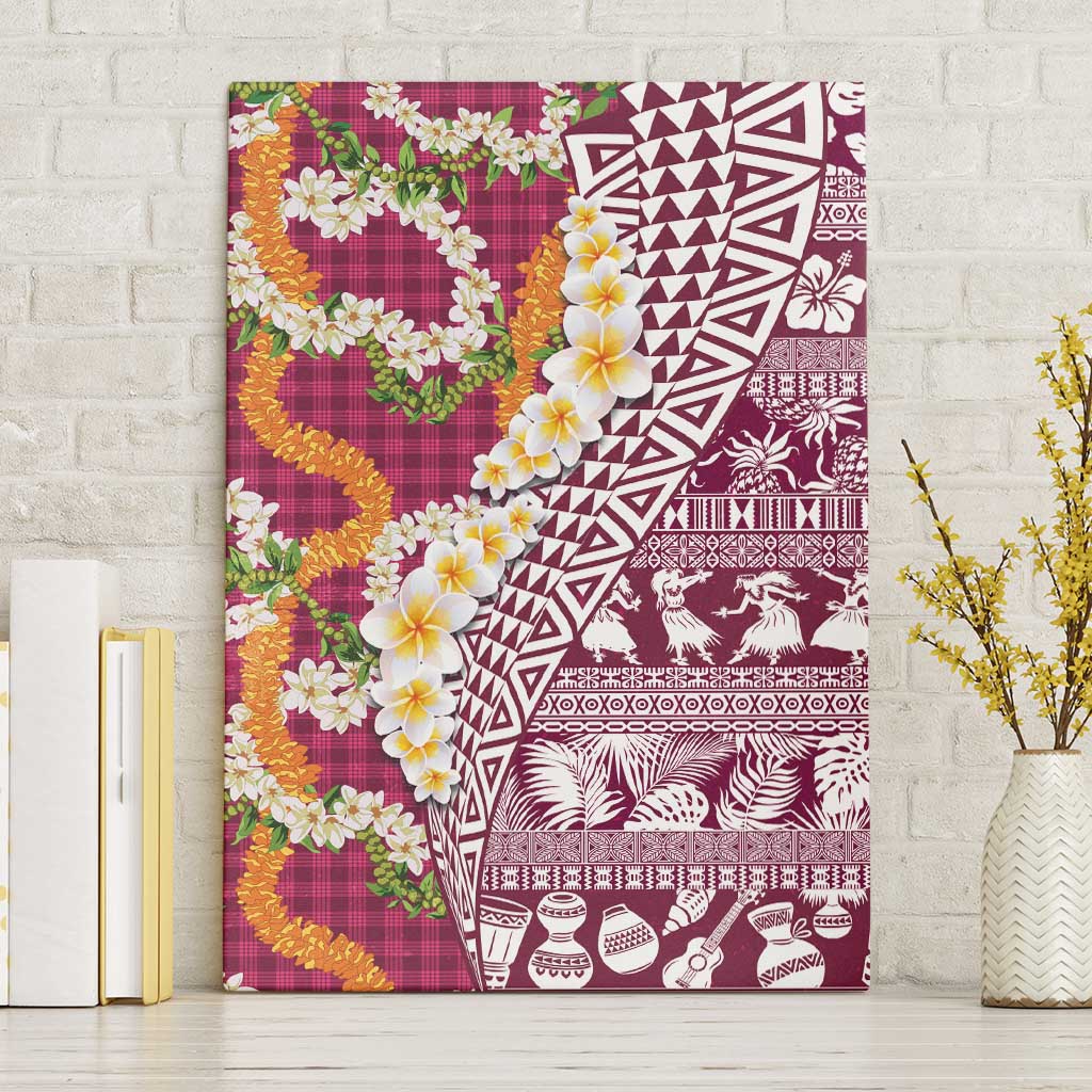 Hawaiian Plumeria Lei Canvas Wall Art Kakau Motifs and Palaka Half Style Pink Color - Polynesian Pride