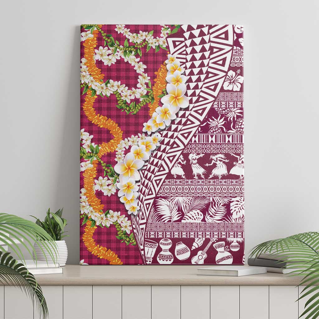 Hawaiian Plumeria Lei Canvas Wall Art Kakau Motifs and Palaka Half Style Pink Color - Polynesian Pride