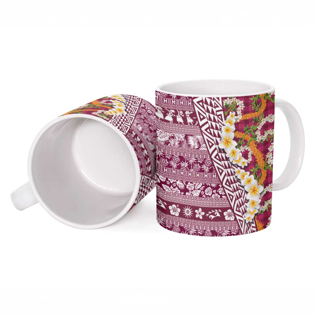 Hawaiian Plumeria Lei Ceramic Mug Kakau Motifs and Palaka Half Style Pink Color - Polynesian Pride