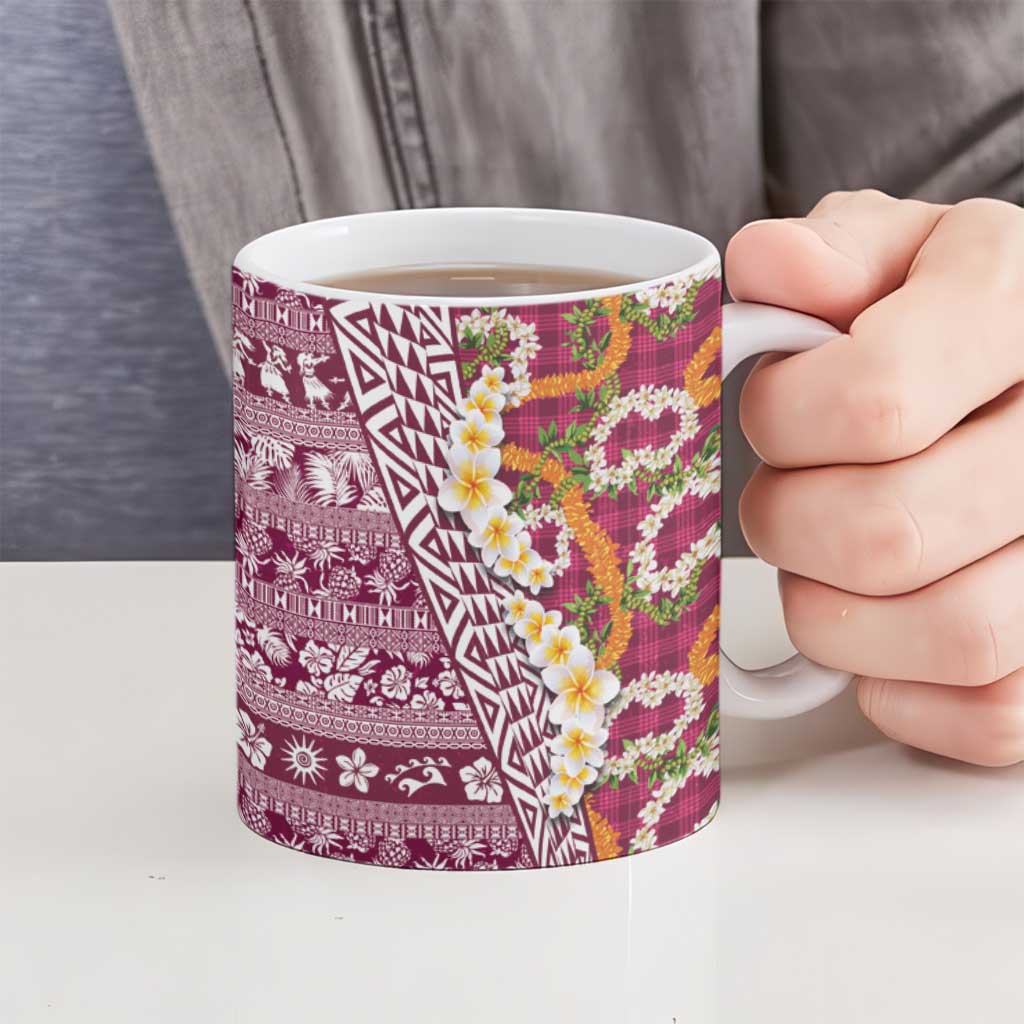 Hawaiian Plumeria Lei Ceramic Mug Kakau Motifs and Palaka Half Style Pink Color - Polynesian Pride