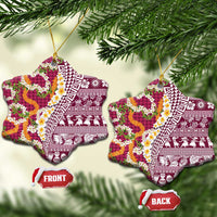 Hawaiian Plumeria Lei Ceramic Ornament Kakau Motifs and Palaka Half Style Pink Color - Polynesian Pride