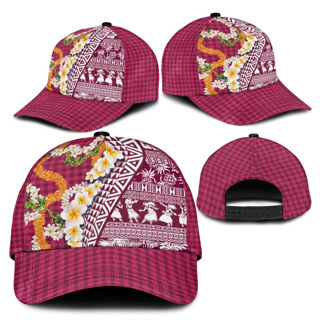 Hawaiian Plumeria Lei Classic Cap Kakau Motifs and Palaka Half Style Pink Color - Polynesian Pride