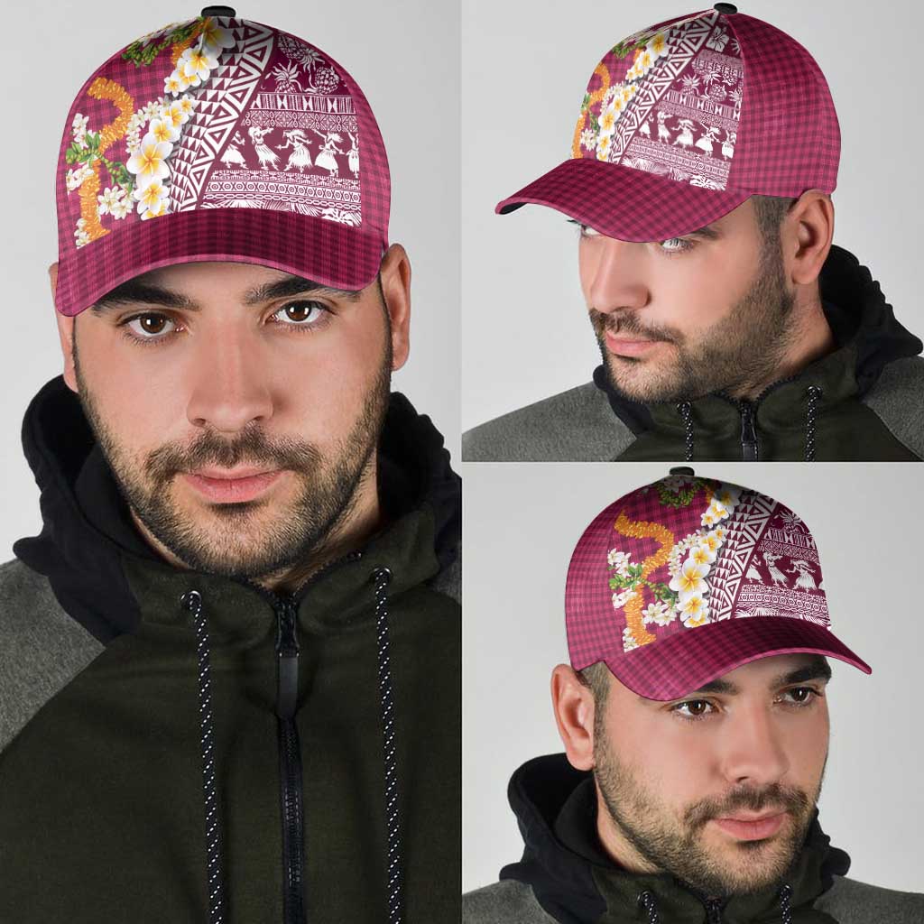 Hawaiian Plumeria Lei Classic Cap Kakau Motifs and Palaka Half Style Pink Color - Polynesian Pride
