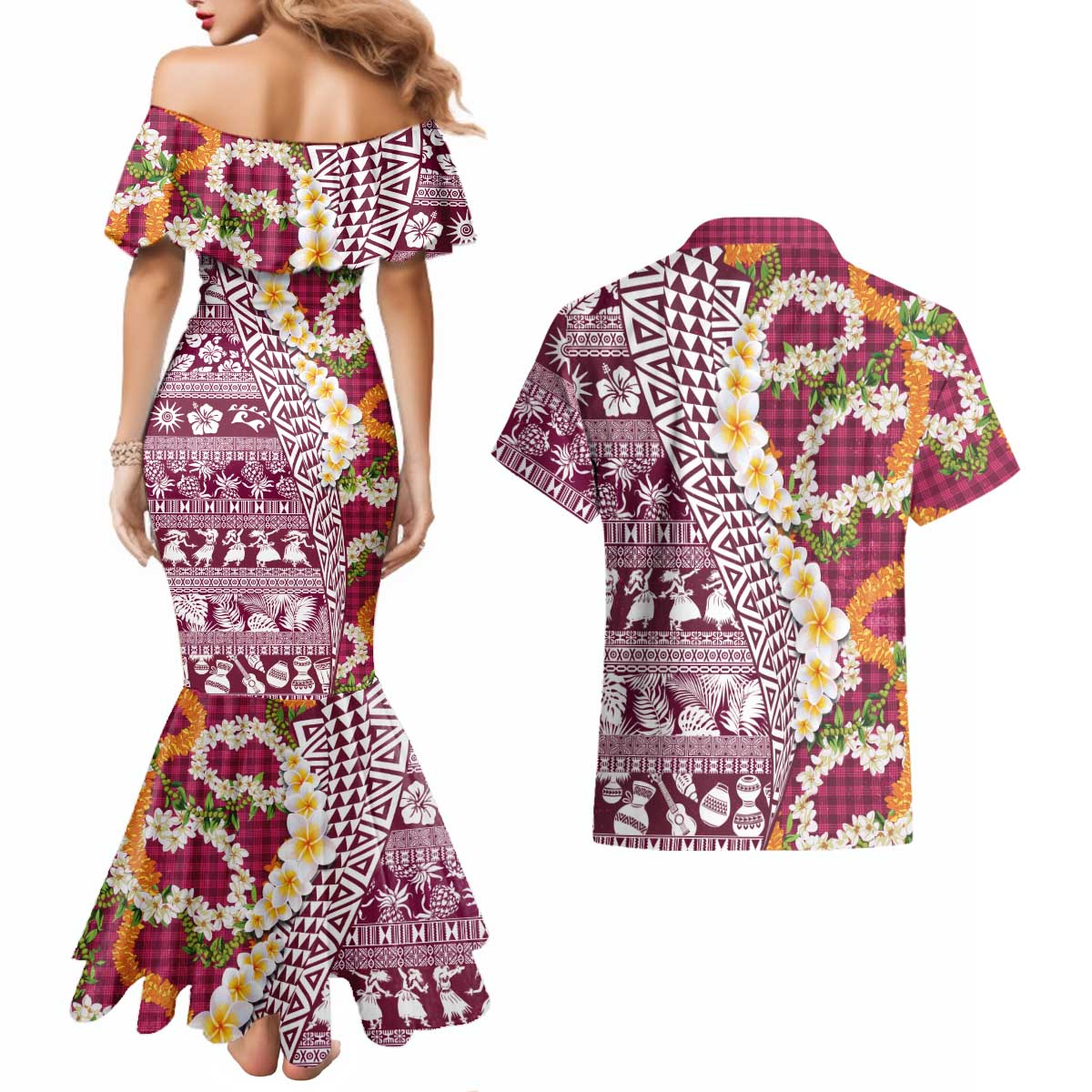Hawaiian Plumeria Lei Couples Matching Mermaid Dress and Hawaiian Shirt Kakau Motifs and Palaka Half Style Pink Color LT03 - Polynesian Pride