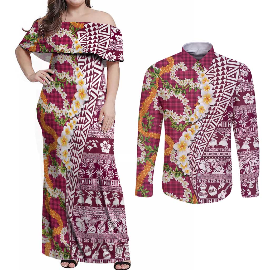 Hawaiian Plumeria Lei Couples Matching Off Shoulder Maxi Dress and Long Sleeve Button Shirt Kakau Motifs and Palaka Half Style Pink Color LT03 Pink - Polynesian Pride
