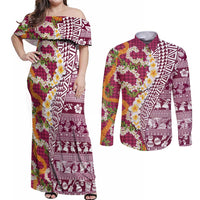 Hawaiian Plumeria Lei Couples Matching Off Shoulder Maxi Dress and Long Sleeve Button Shirt Kakau Motifs and Palaka Half Style Pink Color LT03 Pink - Polynesian Pride