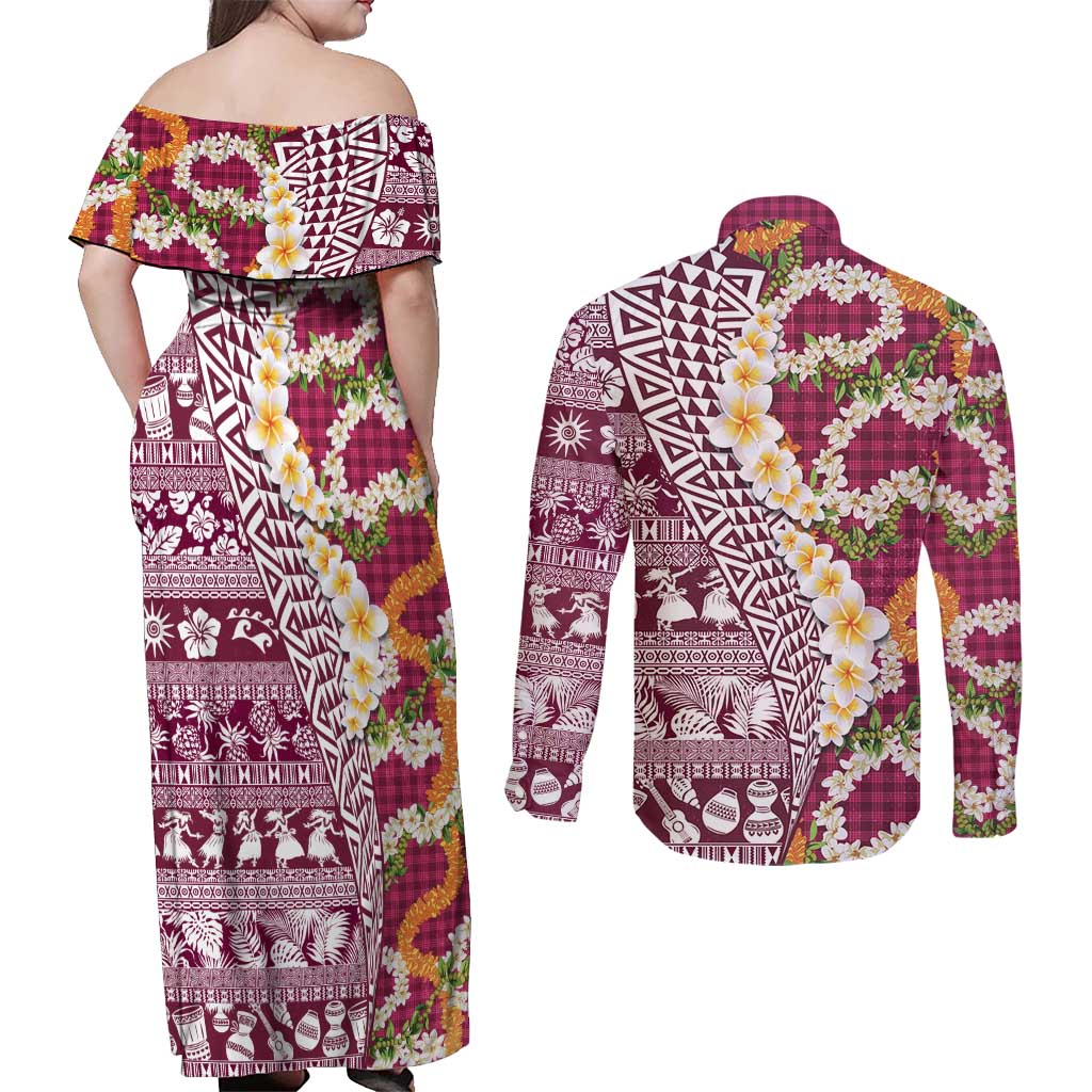Hawaiian Plumeria Lei Couples Matching Off Shoulder Maxi Dress and Long Sleeve Button Shirt Kakau Motifs and Palaka Half Style Pink Color LT03 - Polynesian Pride