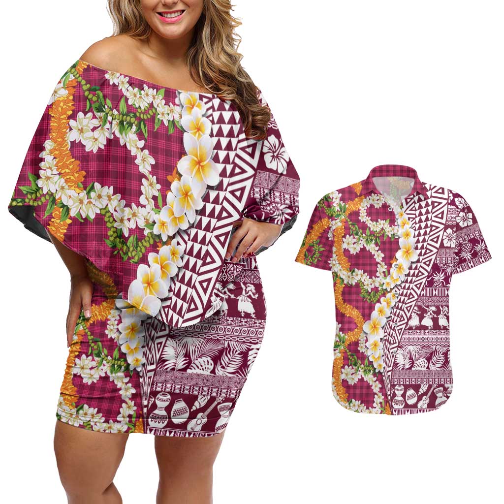 Hawaiian Plumeria Lei Couples Matching Off Shoulder Short Dress and Hawaiian Shirt Kakau Motifs and Palaka Half Style Pink Color LT03 Pink - Polynesian Pride
