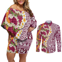 Hawaiian Plumeria Lei Couples Matching Off Shoulder Short Dress and Long Sleeve Button Shirt Kakau Motifs and Palaka Half Style Pink Color LT03 Pink - Polynesian Pride