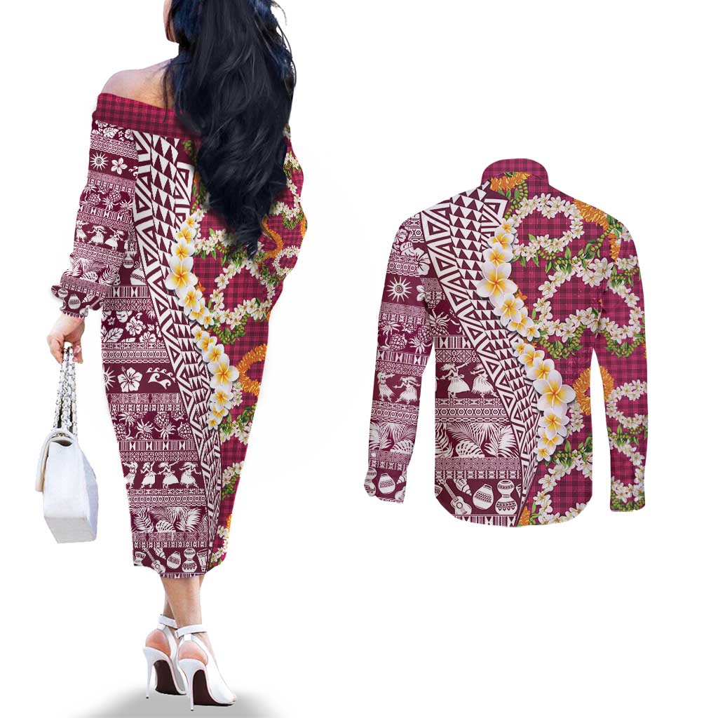 Hawaiian Plumeria Lei Couples Matching Off The Shoulder Long Sleeve Dress and Long Sleeve Button Shirt Kakau Motifs and Palaka Half Style Pink Color LT03 - Polynesian Pride