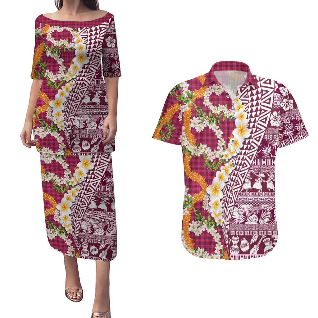 Hawaiian Plumeria Lei Couples Matching Puletasi and Hawaiian Shirt Kakau Motifs and Palaka Half Style Pink Color - Polynesian Pride