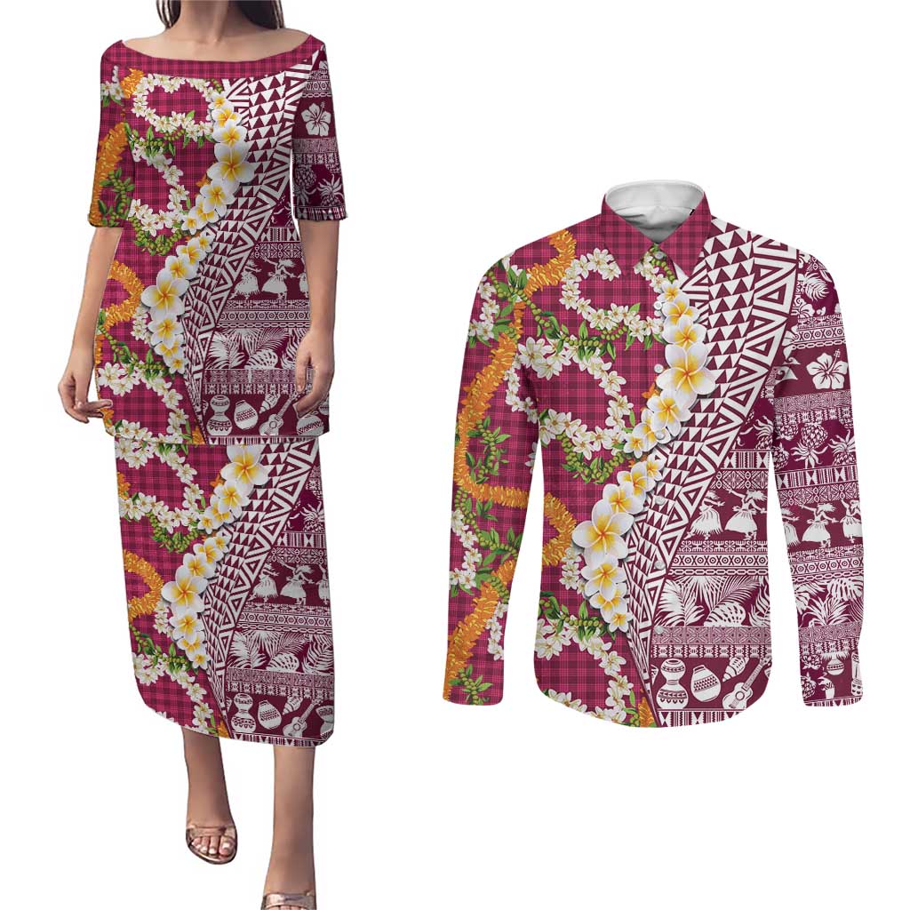 Hawaiian Plumeria Lei Couples Matching Puletasi and Long Sleeve Button Shirt Kakau Motifs and Palaka Half Style Pink Color LT03 Pink - Polynesian Pride