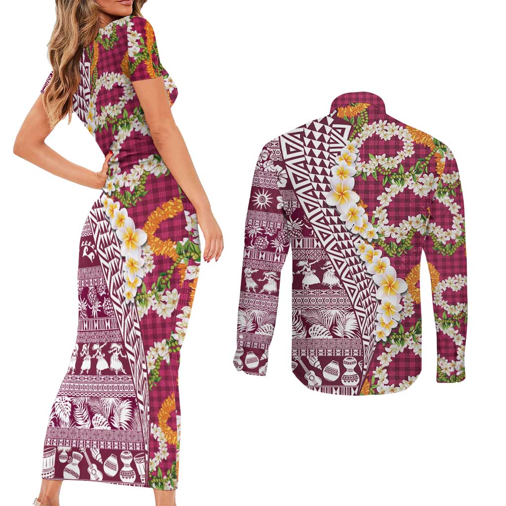 Hawaiian Plumeria Lei Couples Matching Short Sleeve Bodycon Dress and Long Sleeve Button Shirt Kakau Motifs and Palaka Half Style Pink Color LT03 - Polynesian Pride