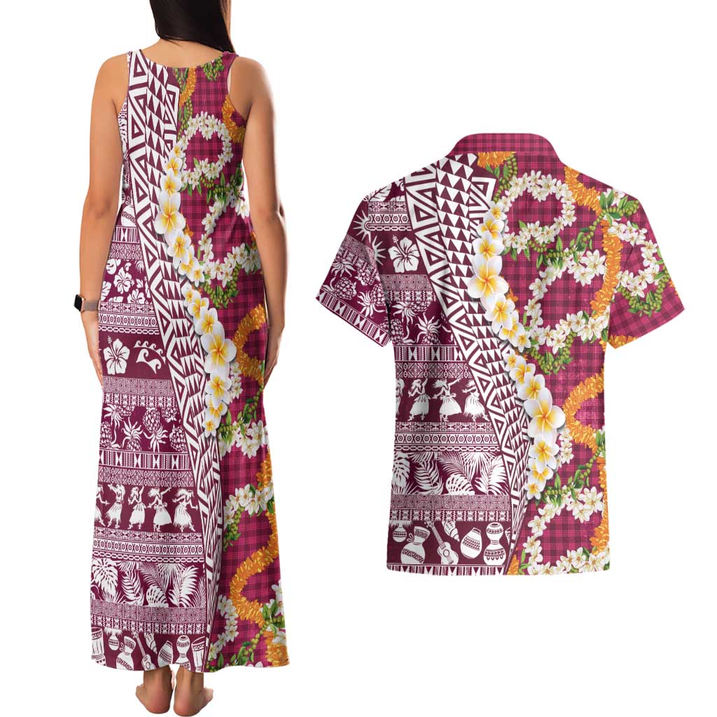 Hawaiian Plumeria Lei Couples Matching Tank Maxi Dress and Hawaiian Shirt Kakau Motifs and Palaka Half Style Pink Color LT03 - Polynesian Pride