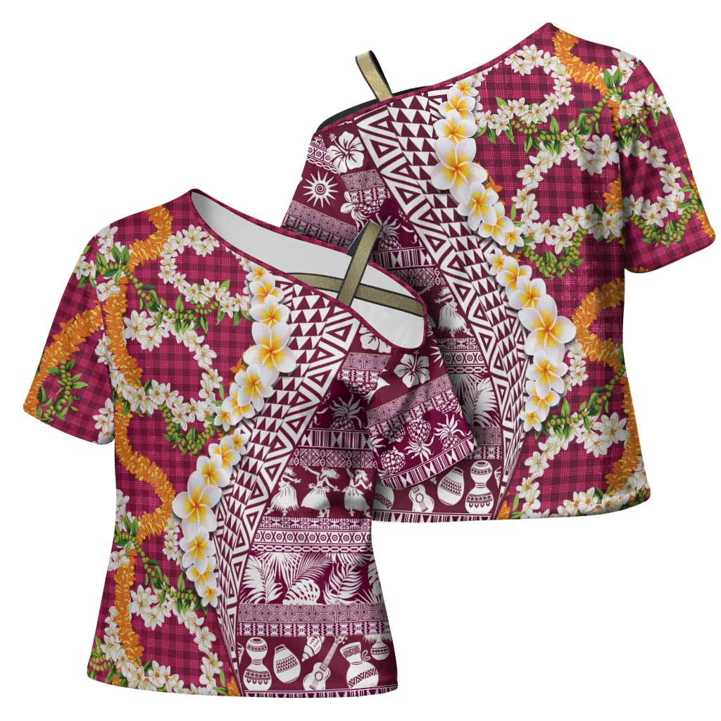 Hawaiian Plumeria Lei Cross Shoulder Shirt Kakau Motifs and Palaka Half Style Pink Color - Polynesian Pride