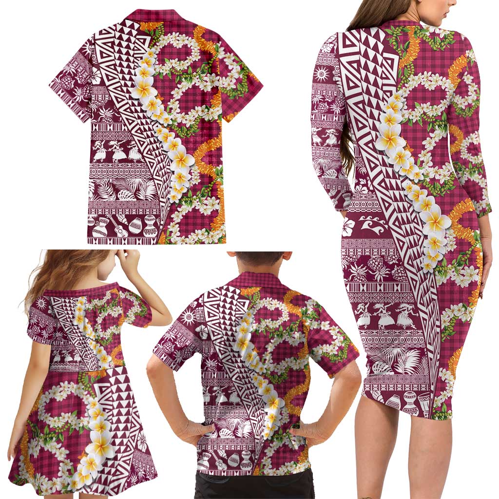 Hawaiian Plumeria Lei Family Matching Long Sleeve Bodycon Dress and Hawaiian Shirt Kakau Motifs and Palaka Half Style Pink Color LT03 - Polynesian Pride