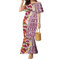 Hawaiian Plumeria Lei Family Matching Mermaid Dress and Hawaiian Shirt Kakau Motifs and Palaka Half Style Pink Color LT03 Mom's Dress Pink - Polynesian Pride
