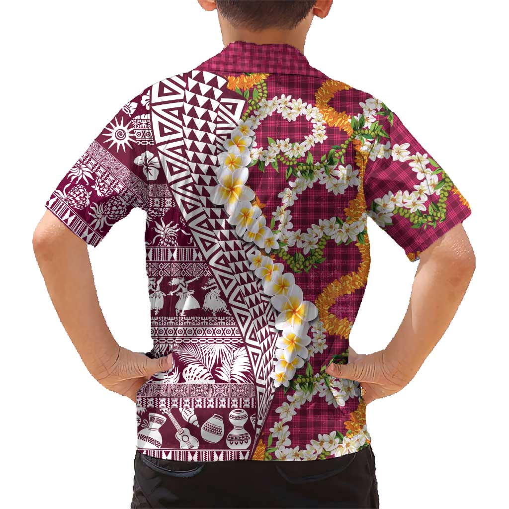 Hawaiian Plumeria Lei Family Matching Off The Shoulder Long Sleeve Dress and Hawaiian Shirt Kakau Motifs and Palaka Half Style Pink Color LT03 - Polynesian Pride