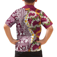 Hawaiian Plumeria Lei Family Matching Off The Shoulder Long Sleeve Dress and Hawaiian Shirt Kakau Motifs and Palaka Half Style Pink Color LT03 - Polynesian Pride