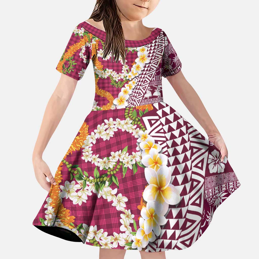 Hawaiian Plumeria Lei Family Matching Off The Shoulder Long Sleeve Dress and Hawaiian Shirt Kakau Motifs and Palaka Half Style Pink Color LT03 Daughter's Dress Pink - Polynesian Pride