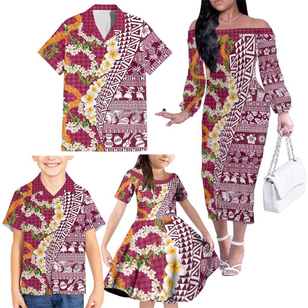 Hawaiian Plumeria Lei Family Matching Off The Shoulder Long Sleeve Dress and Hawaiian Shirt Kakau Motifs and Palaka Half Style Pink Color LT03 - Polynesian Pride