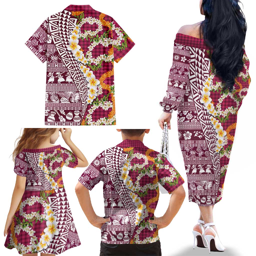 Hawaiian Plumeria Lei Family Matching Off The Shoulder Long Sleeve Dress and Hawaiian Shirt Kakau Motifs and Palaka Half Style Pink Color LT03 - Polynesian Pride