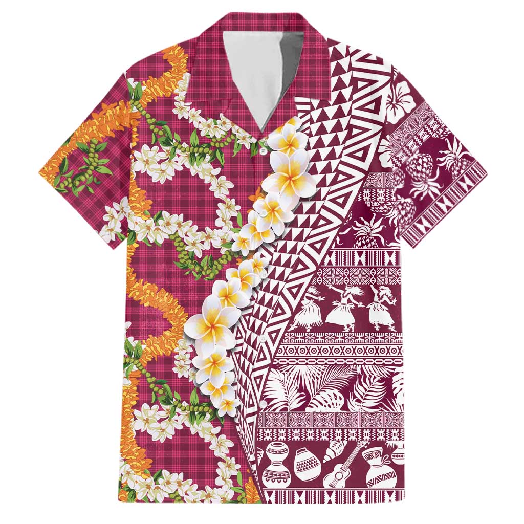 Hawaiian Plumeria Lei Family Matching Off The Shoulder Long Sleeve Dress and Hawaiian Shirt Kakau Motifs and Palaka Half Style Pink Color LT03 Dad's Shirt - Short Sleeve Pink - Polynesian Pride