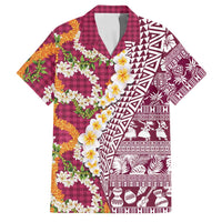 Hawaiian Plumeria Lei Family Matching Off The Shoulder Long Sleeve Dress and Hawaiian Shirt Kakau Motifs and Palaka Half Style Pink Color LT03 Dad's Shirt - Short Sleeve Pink - Polynesian Pride