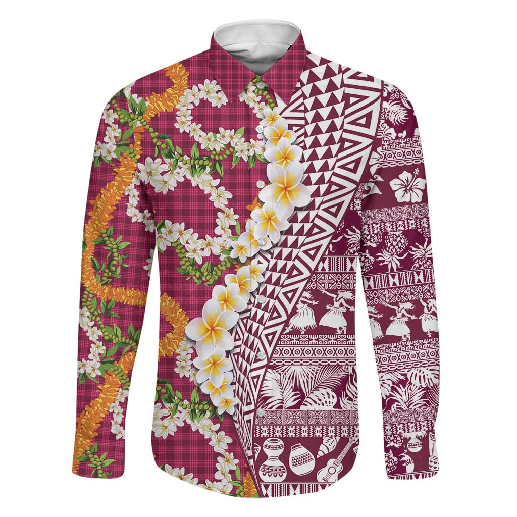 Hawaiian Plumeria Lei Family Matching Off The Shoulder Long Sleeve Dress and Hawaiian Shirt Kakau Motifs and Palaka Half Style Pink Color LT03 Dad's Shirt - Long Sleeve Pink - Polynesian Pride