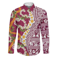 Hawaiian Plumeria Lei Family Matching Off The Shoulder Long Sleeve Dress and Hawaiian Shirt Kakau Motifs and Palaka Half Style Pink Color LT03 Dad's Shirt - Long Sleeve Pink - Polynesian Pride