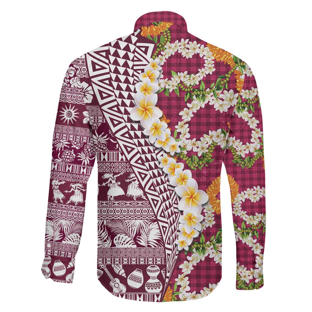 Hawaiian Plumeria Lei Family Matching Off The Shoulder Long Sleeve Dress and Hawaiian Shirt Kakau Motifs and Palaka Half Style Pink Color LT03 - Polynesian Pride