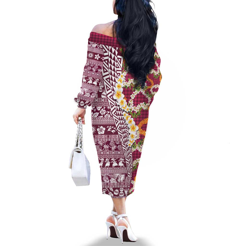 Hawaiian Plumeria Lei Family Matching Off The Shoulder Long Sleeve Dress and Hawaiian Shirt Kakau Motifs and Palaka Half Style Pink Color LT03 - Polynesian Pride