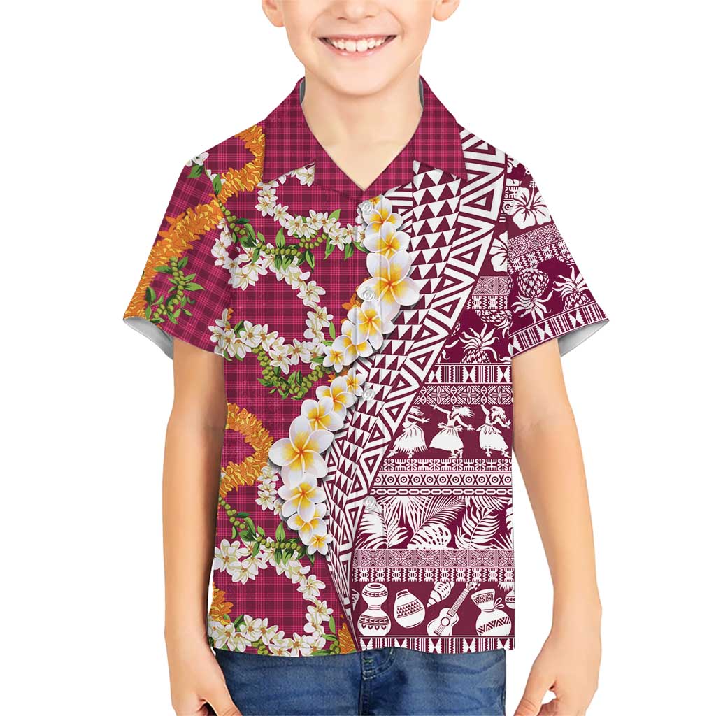 Hawaiian Plumeria Lei Family Matching Off The Shoulder Long Sleeve Dress and Hawaiian Shirt Kakau Motifs and Palaka Half Style Pink Color LT03 Son's Shirt Pink - Polynesian Pride