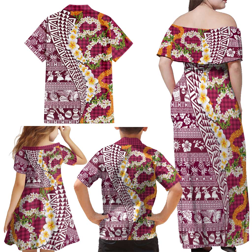 Hawaiian Plumeria Lei Family Matching Off Shoulder Maxi Dress and Hawaiian Shirt Kakau Motifs and Palaka Half Style Pink Color LT03 - Polynesian Pride