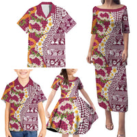 Hawaiian Plumeria Lei Family Matching Puletasi and Hawaiian Shirt Kakau Motifs and Palaka Half Style Pink Color LT03 - Polynesian Pride