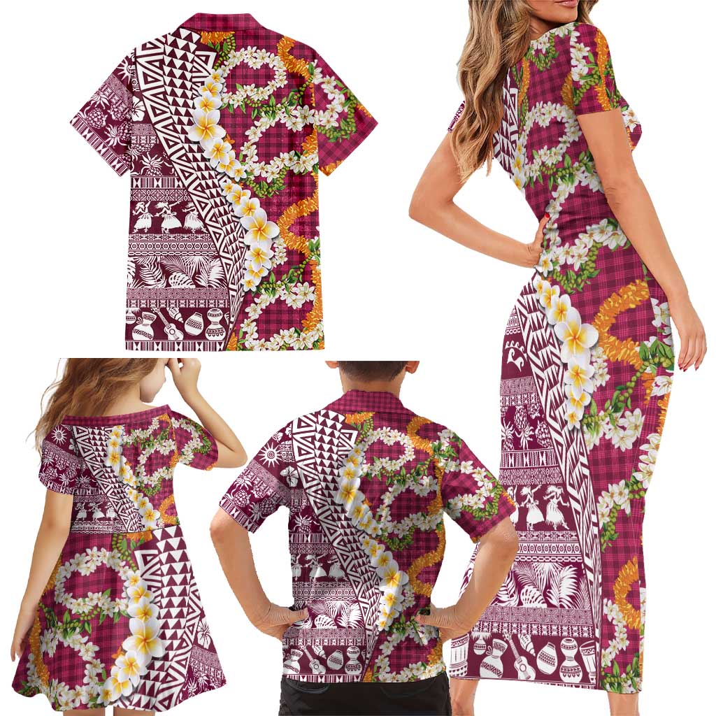 Hawaiian Plumeria Lei Family Matching Short Sleeve Bodycon Dress and Hawaiian Shirt Kakau Motifs and Palaka Half Style Pink Color LT03 - Polynesian Pride