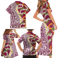 Hawaiian Plumeria Lei Family Matching Short Sleeve Bodycon Dress and Hawaiian Shirt Kakau Motifs and Palaka Half Style Pink Color LT03 - Polynesian Pride