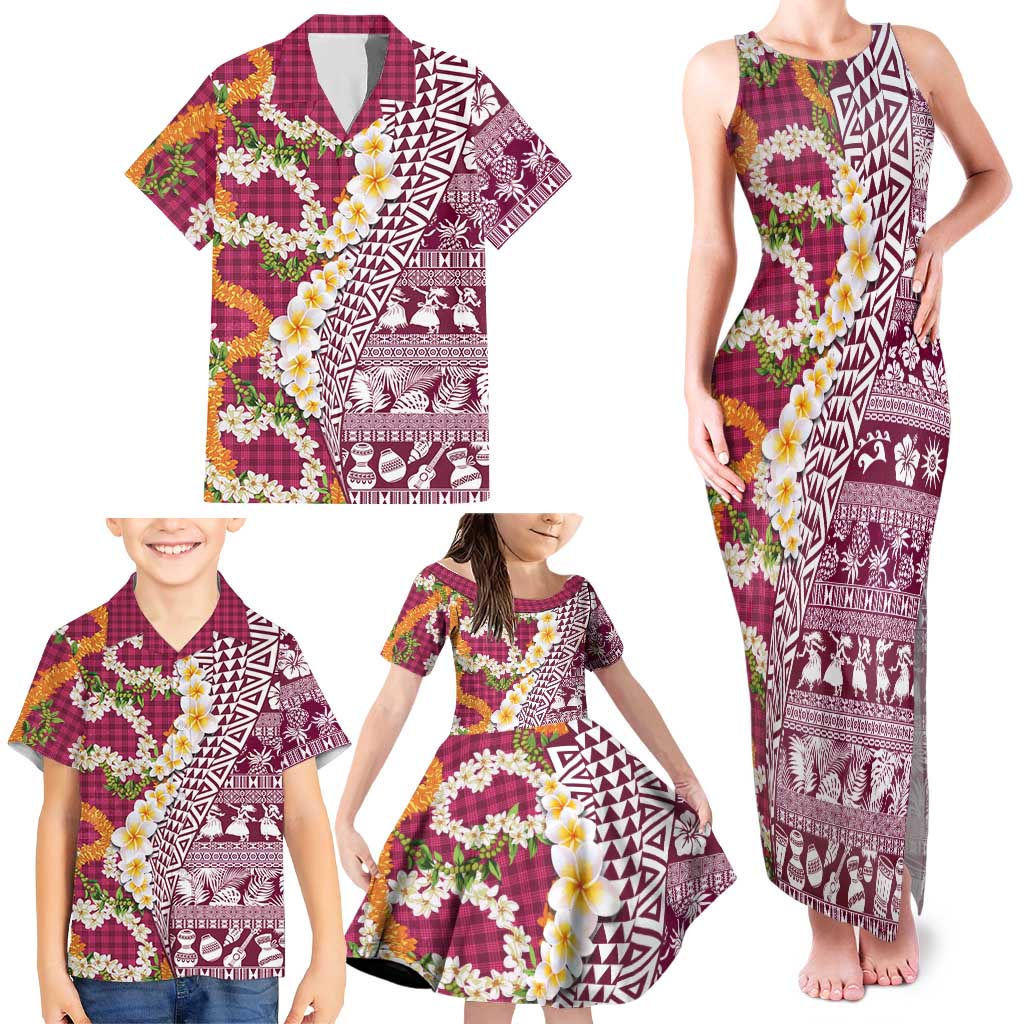 Hawaiian Plumeria Lei Family Matching Tank Maxi Dress and Hawaiian Shirt Kakau Motifs and Palaka Half Style Pink Color LT03 - Polynesian Pride