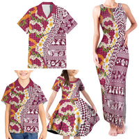 Hawaiian Plumeria Lei Family Matching Tank Maxi Dress and Hawaiian Shirt Kakau Motifs and Palaka Half Style Pink Color LT03 - Polynesian Pride