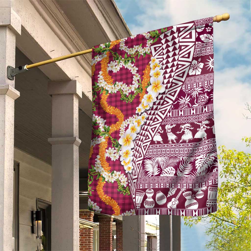 Hawaiian Plumeria Lei Garden Flag Kakau Motifs and Palaka Half Style Pink Color - Polynesian Pride