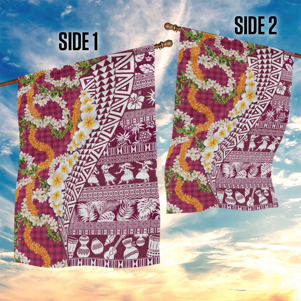 Hawaiian Plumeria Lei Garden Flag Kakau Motifs and Palaka Half Style Pink Color - Polynesian Pride