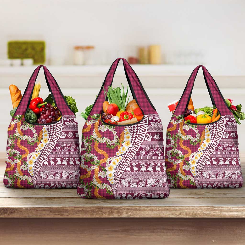 Hawaiian Plumeria Lei Grocery Bag Kakau Motifs and Palaka Half Style Pink Color - Polynesian Pride