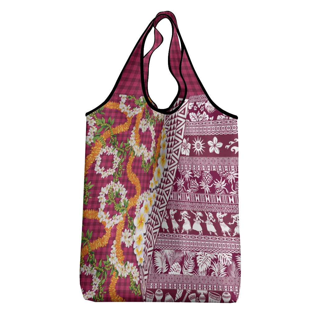 Hawaiian Plumeria Lei Grocery Bag Kakau Motifs and Palaka Half Style Pink Color - Polynesian Pride