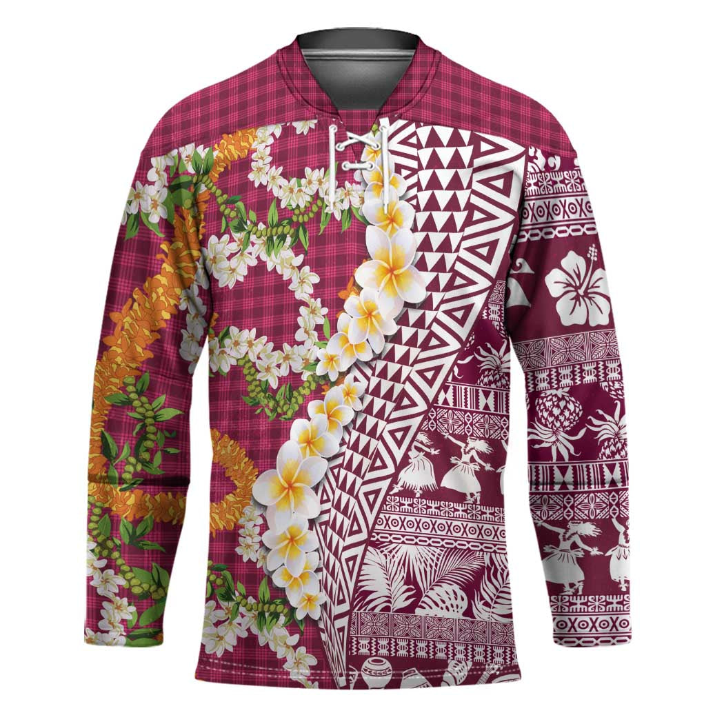 Hawaiian Plumeria Lei Hockey Jersey Kakau Motifs and Palaka Half Style Pink Color LT03 Unisex Pink - Polynesian Pride