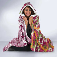 Hawaiian Plumeria Lei Hooded Blanket Kakau Motifs and Palaka Half Style Pink Color - Polynesian Pride