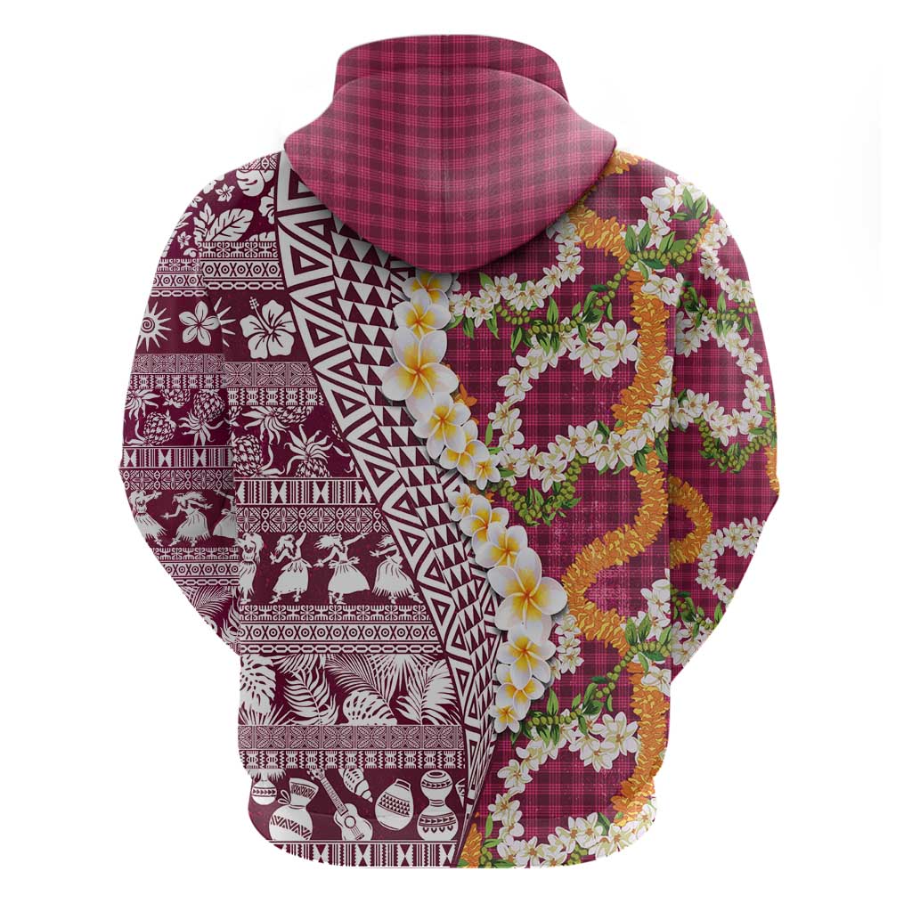 Hawaiian Plumeria Lei Hoodie Kakau Motifs and Palaka Half Style Pink Color - Polynesian Pride