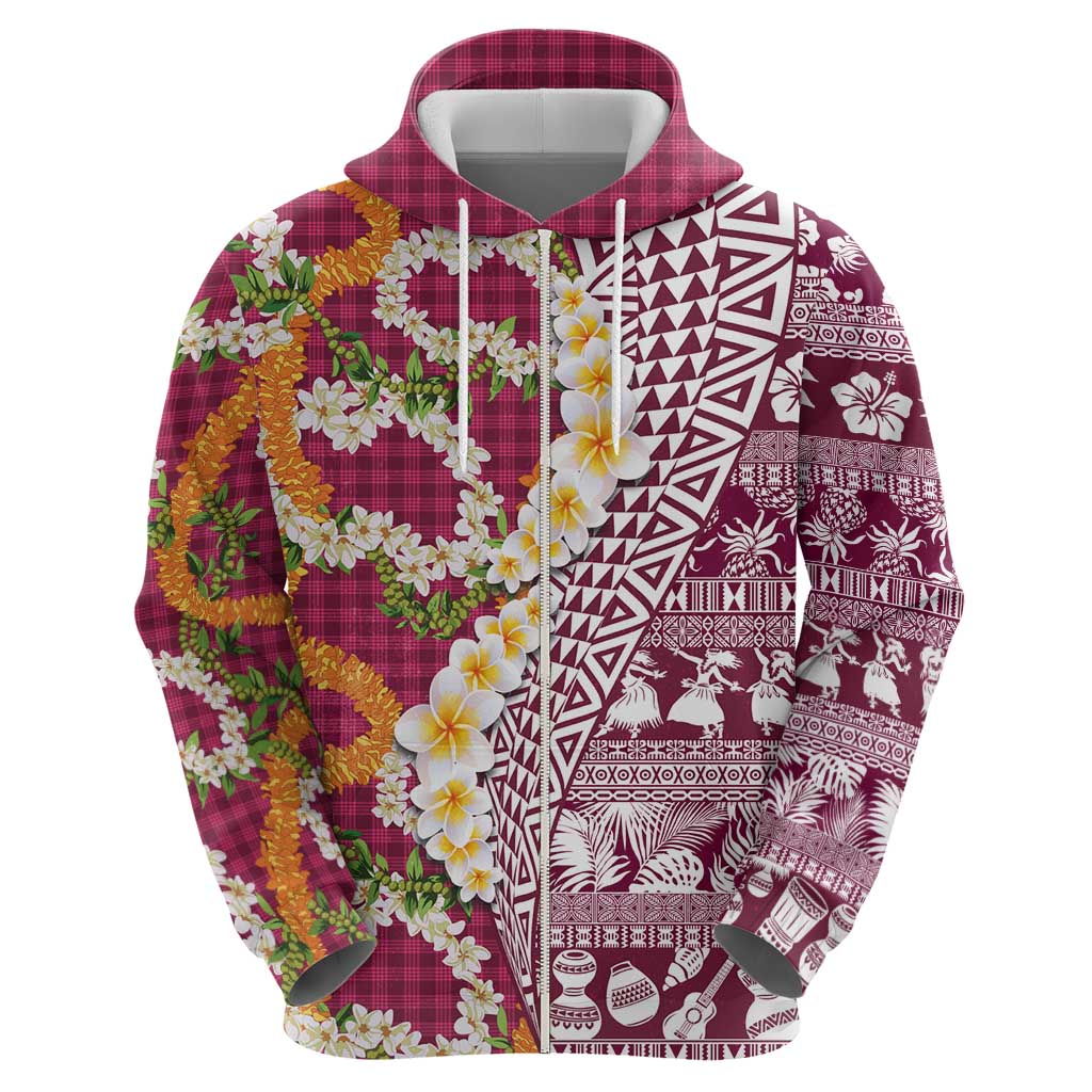 Hawaiian Plumeria Lei Hoodie Kakau Motifs and Palaka Half Style Pink Color - Polynesian Pride