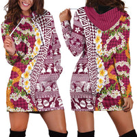 Hawaiian Plumeria Lei Hoodie Dress Kakau Motifs and Palaka Half Style Pink Color LT03 - Polynesian Pride