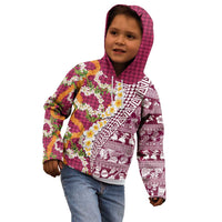 Hawaiian Plumeria Lei Kid Hoodie Kakau Motifs and Palaka Half Style Pink Color LT03 - Polynesian Pride